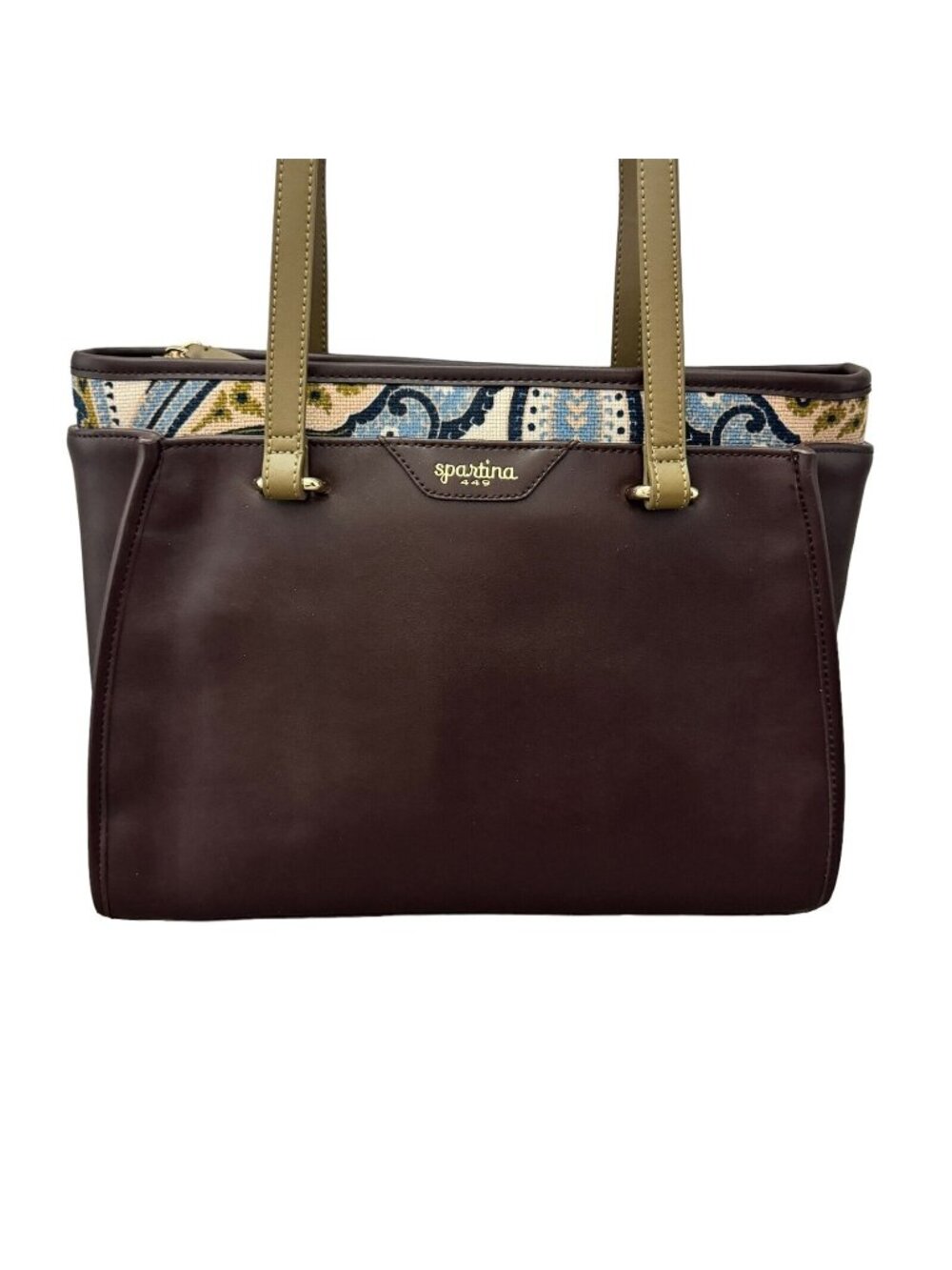 Spartina 449 Juliette Geneva Tote Purse Blue Green Paisley Linen Brown Leather